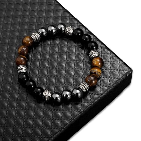 Brown Tiger's Eye, Black Obsidian & Hematite Natural Stone Beaded Bracelet NEW - Picture 5 of 6